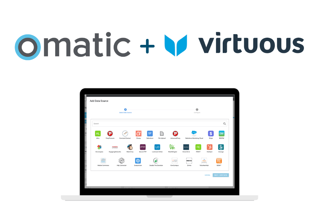 Salesforce NPSP and Omatic logos above an image of a computer screen using Omatic Cloud. On the screen you can see options for data sources like Altru, PennyPossum, Constant Contact, Classy, Salesforce, File Upload, Advanced Perry, Salesforce Marketing Cloud, Stripe, BBCRM, Encompass, Engaging Networks, Mailchimp, Secure FTP, Luminate Online, Wealth Engine, DonorDrive, FENXT, Hubspot, Swoogo, Mobile Commons, Http Connector, Every Action, Double the Donation, GiveCampus, Emma, VolunteerHub and RENXT.